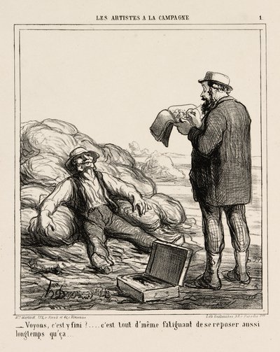 "- Jaha, är du äntligen klar... det är ju tröttsamt att slappna av så länge", plansch 1 från Les Artistes A La Campagne av Honoré Victorin Daumier