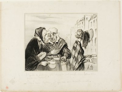 "- Vilket ståhej det här sura ansiktet från femte våningen gör! Bär hatt bara för att köpa två koppar mjölk för en sou! - Åh, Madame Capitaine, är vi inte tjusiga idag ...," platta 36 Types Parisiens av Honoré Victorin Daumier