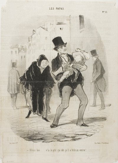 "- Ja visst, men den stackars pojkens mage gör ont", plansch 13 från Les Papas av Honoré Victorin Daumier