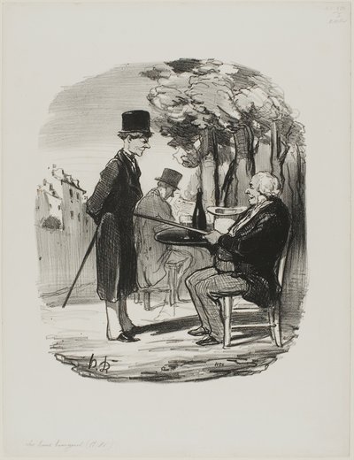 "- Du ska inte ha din ölflaska med oss i kväll... Jag kan se att du har en privat middagsbjudning idag, din skurk...", plansch 81 från Les Bons Bourgeois av Honoré Victorin Daumier
