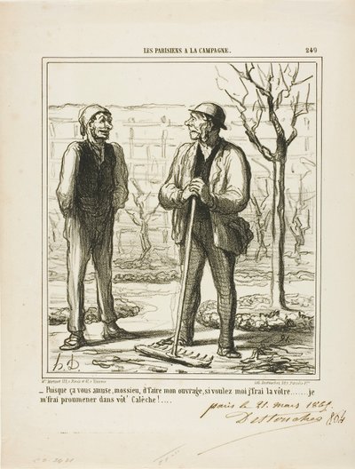 "- Du verkar tycka om att göra mitt arbete. I utbyte kan jag erbjuda mig att göra ditt jobb: Jag ska ta en tur i din buss!", platta 249 från Les Parisiens A La Campagne av Honoré Victorin Daumier