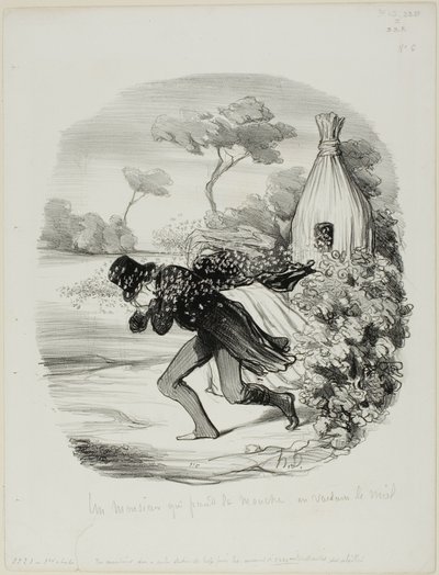 En herre som ville studera binas levnadsvanor alltför noga, plansch 6 ur Pastorales av Honoré Victorin Daumier