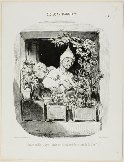 Ett mönsteräktenskap: I trettio år har de odlat dygd och nejlikor, plansch sex från Les Bons Bourgeois av Honoré Victorin Daumier