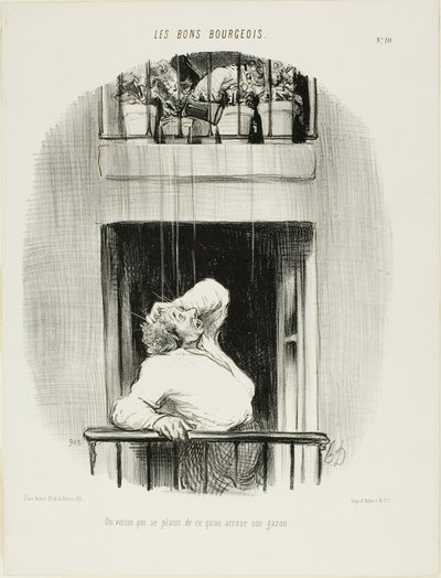 En granne klagar över vattningen av sin gräsmatta, plansch tio från Les Bons Bourgeois av Honoré Victorin Daumier