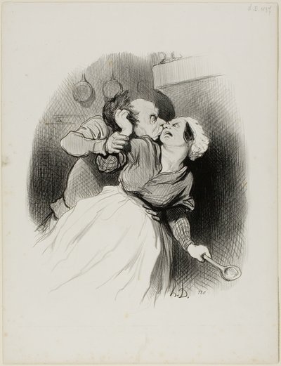 En återkomst av ungdom. "Skrik så mycket du vill, din lilla djävul du.... min fru är inte hemma.... slita ut mitt hår så mycket du vill!", plansch 50 från Les beaux Jours de la vie av Honoré Victorin Daumier