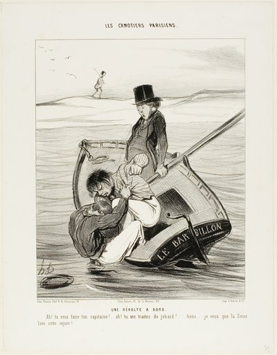 En revolt ombord. "- Ah! du vill vara din egen kapten! ... - Ah! du behandlar mig som en idiot ... hej ... Jag hoppas att Seine tvättar bort den förolämpningen!", plansch 13 från Les Canotiers Parisiens av Honoré Victorin Daumier