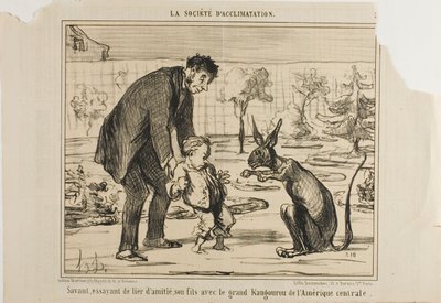 En vetenskapsman försöker bli vän med sin son med en stor känguru från Centralamerika, plansch 3 från La Société D
