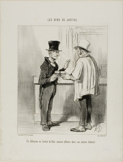 En försvarsadvokat vid skiljedomstolen diskuterar affärer i sina vanliga kontorslokaler, plansch 27 från Les Gens De Justice av Honoré Victorin Daumier