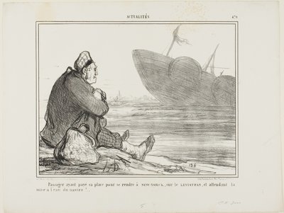 En passagerare har betalat sin biljett till NEW YORK på LEVIATHAN och väntar på att fartyget äntligen ska sättas i vattnet, plansch 479 från Actualités av Honoré Victorin Daumier