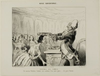 Kvinnornas akademi. En ny Richelieu, grundare av en ny akademi av ett annat slag.... av kvinnligt kön, plansch 33 från Revue Caricatureale av Honoré Victorin Daumier