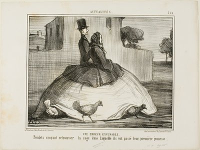 Ett ursäktligt misstag. Kycklingar som tror att de har hittat buren där de tillbringade sin tidiga barndom, plansch 21 från La Crinolomanie av Honoré Victorin Daumier