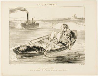Ett obehagligt möte. "Bernardel, Bernardel! Här kommer ångaren ... vi kommer att sjunka!", plansch 16 från Les Canotiers Parisiens av Honoré Victorin Daumier