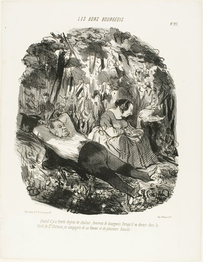 Vid 30°C, lycklig den som kan fly och slumra i skogen i Saint-Germain tillsammans med sin fru och några ödlor, tallrik 27 från Les Bons Bourgeois av Honoré Victorin Daumier