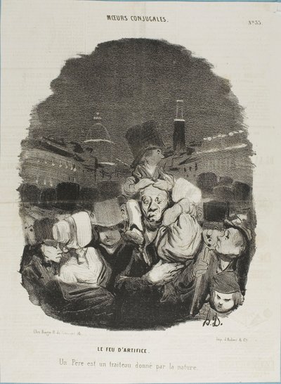Vid fyrverkerierna. En far är en draghäst, tillhandahållen av naturen, plansch 33 från Moeurs Conjugales och plansch 14 i Actualités av Honoré Victorin Daumier