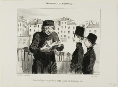 Rena unga gymnasieelever, de försöker till och med sälja sin latinska ordbok, plansch 24 från Professeurs et Moutards (Professors and Rascals) av Honoré Victorin Daumier