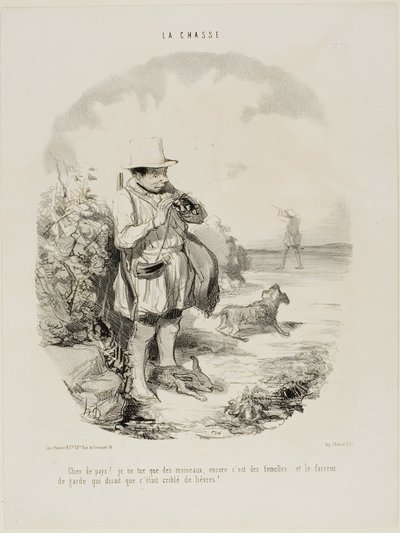 "Jävla land! Jag skjuter bara sparvar.... och bara honor ... och den här geniala vakten insisterade på att platsen är full av kaniner," platta 5 från La Chasse av Honoré Victorin Daumier