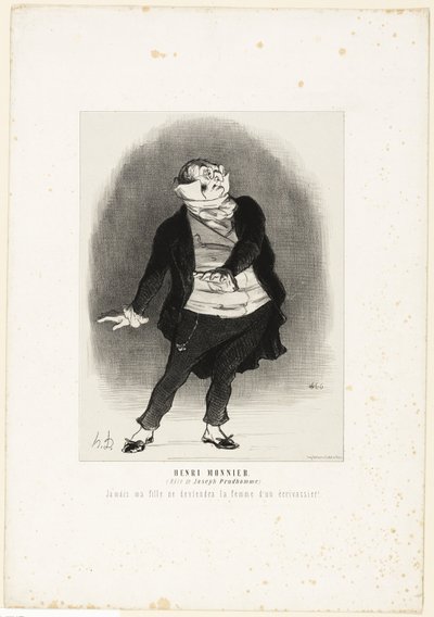 Henri Monnier. (i rollen som Joseph Prudhomme) "- Aldrig ska jag tillåta att min dotter blir gift med en klottrare!", plansch 1 ur Les Artistes Contemporains (Odéon) av Honoré Victorin Daumier