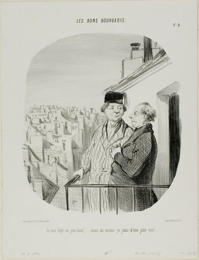 "Jag bor lite högt upp... men jag har i alla fall en vacker utsikt", plansch 8 från Les Bons Bourgeois av Honoré Victorin Daumier