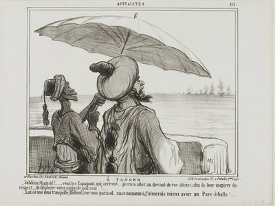 I Tanger. "- Ers Majestät... spanjorerna kommer... för att skrämma bort dem tog jag mig friheten att öppna ditt paraply helt som ett tecken på din storhet! - Lämna mig ensam med mitt paraply, Belboul.... Jag skulle hellre vilja ha ett paraply pr av Honoré Victorin Daumier