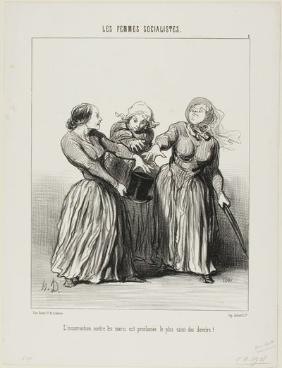 Upproret mot mannen utropas som den första och heligaste plikten i livet!", plansch 1 från Les Femmes Socialistes av Honoré Victorin Daumier