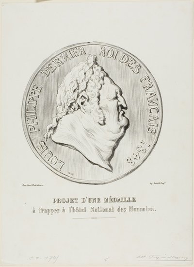 Louis-Philippe, den siste kungen av Frankrike 1848. Design för en medalj som ska tillverkas av det nationella myntverket av Honoré Victorin Daumier
