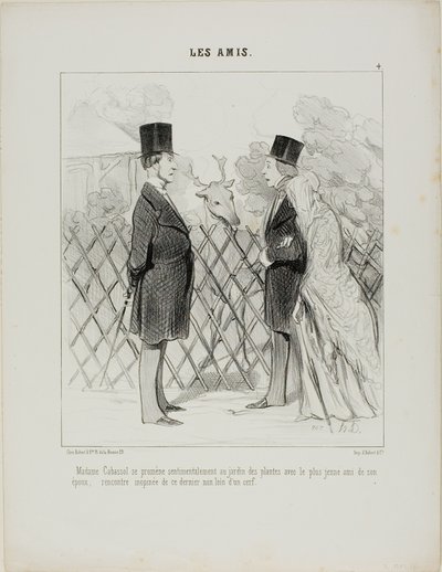 Madame Cabassol tar en romantisk promenad i den botaniska trädgården tillsammans med sin makes yngsta vän. Plötsligt möte med den senare inte långt från en hjort, plansch 4 från Les Amis av Honoré Victorin Daumier
