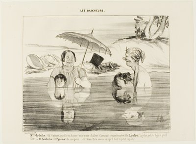 Madame Greluche: "Åh, Gustave, vad gott! En riktigt lugnande värme! Titta på vår son Loulou, vilket sött ansikte han gör!" Herr Greluche: "Och Pyramus, han är rädd, rädd som en hund. Om ni bara visste vad han gör just nu, den lille rackaren", plansch 4 ur  av Honoré Victorin Daumier