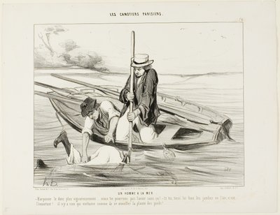 Man överbord! "- Harpunera honom hårdare!.... vi kan inte få tag i honom annars! Och du, håll upp hans ben i luften, det är mycket viktigt. .... Det finns inget i världen som gör att du blir förkyld snabbare än genom att få dina fötter våta," platta 14 frå av Honoré Victorin Daumier