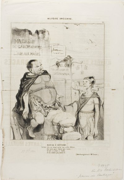 Marius i Karthago. Soldat, säg till senaten att jag i min ädla fattigdom har tagit en ruin som stol och om jag var i Sylla skulle jag inte sitta här. (Ordvits tillskriven M. Cousin), plansch 35 från Histoire Ancienne av Honoré Victorin Daumier