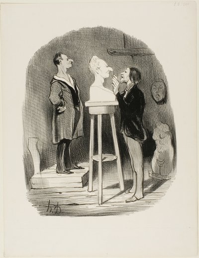 Monsieur Filochard, f.d. butiksägare, pensionär, känner ett behov av att lämna över sin byst i marmor till även den avlägsnaste eftervärlden, plansch 68 från Les Bons bourgeois av Honoré Victorin Daumier