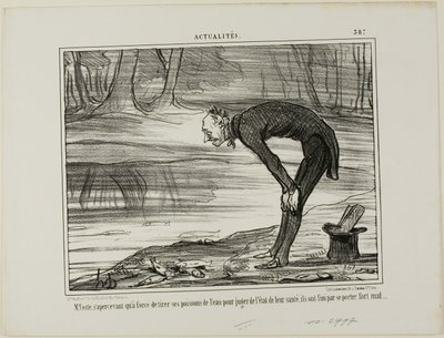 Herr Coste noterar att de fiskar som han tog upp ur vattnet för att analysera deras hälsotillstånd i slutändan inte alls mår bra, plansch 387 från Actualités av Honoré Victorin Daumier