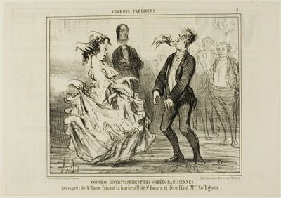Ny underhållning på de parisiska aftonfesterna. Hume rakar skägget på Monsieur de St Potard och löser håret på Madame Coffignon, plansch 8 från Ces Bons Parisiens av Honoré Victorin Daumier