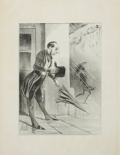 Nytt patenterat paraply, med ett förbättrat fjädersystem, för att snabbt öppna sig vid minsta beröring.(se vår annons i ärendet), plansch 33 från Émotions Parisiennes av Honoré Victorin Daumier