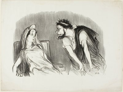 Oedipe. "- När mitt svärd skar in i hans blödande hjärta - Ni darrar Madame - Det var då världen föll samman", platta tio från Physionomies tragiques av Honoré Victorin Daumier
