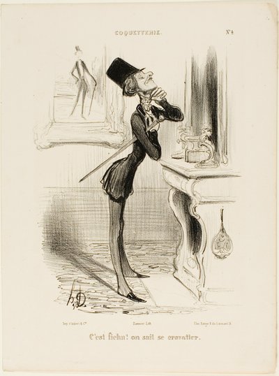 "Åh, tusan! Jag verkar inte kunna knyta en knut!" plåt 4 från Coquetterie av Honoré Victorin Daumier