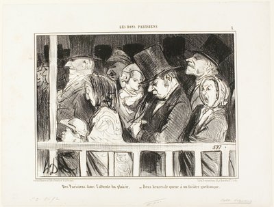 Parisbor som ser fram emot lite kul. Köar i två timmar framför vilken teater som helst i stan, platta 1 från Les Bons Parisiens av Honoré Victorin Daumier