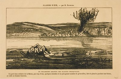 Filosofiska betraktelser av en älskare av stillsamma nöjen. Att flyta på rygg i en timme i en lugn biflod till Marne med lite vatten, några näckrosor och massor av grodor: det är vad som gör en man lycklig!, från Les Baigneurs av Honoré Victorin Daumier