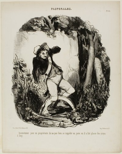 Ganska pinsamt att inte komma ihåg var man har gömt vargfällorna, plansch 44 från Pastorales av Honoré Victorin Daumier