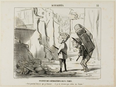 Resultatet av rivningen av byggnader i Paris. "- Det var trots allt här jag bodde.... och jag hittar inte ens min fru längre", platta 55 från Actualités av Honoré Victorin Daumier