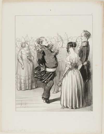 Rifolard öppnar bollen och utför ett djärvt danssteg framåt, vilket får mycket beröm, platta 5 från Les Banqueteurs av Honoré Victorin Daumier