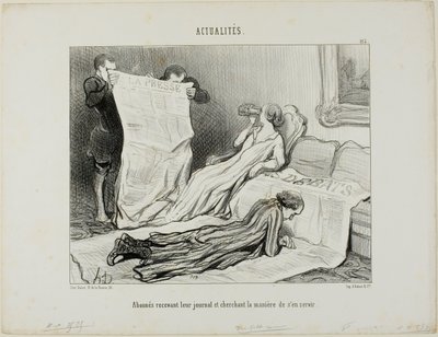 Prenumeranterna försöker klara sig med sin tidning, plansch 115 från Actualités av Honoré Victorin Daumier