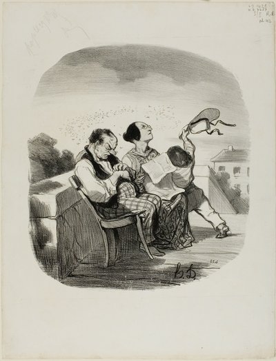 Fördelen med att dela den friska luften på en italiensk terrass tillsammans med ett stort antal insekter, plansch 42 från Pastorales av Honoré Victorin Daumier