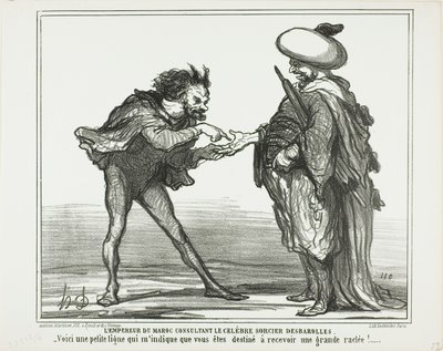 Kejsaren av Marocko i samråd med den berömde magikern Desbarolles. "- Denna lilla linje här indikerar för mig att du kommer att få ett kungligt kok stryk!", plansch 126 från Actualités av Honoré Victorin Daumier