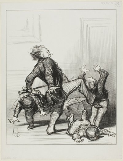 Fredskongressens inflytande. "Åh ni skurkar, ni slåss igen ... ni vet fortfarande inte att människan ska leva i fred och vara herre över sig själv", plansch 8 från Actualités av Honoré Victorin Daumier
