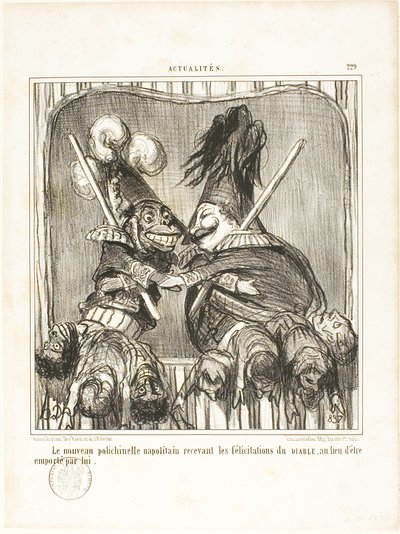 Den nya napolitanska pajasen. Tar emot djävulens gratulationer istället för att bli bortförd av honom, plansch 229 från Actualités av Honoré Victorin Daumier