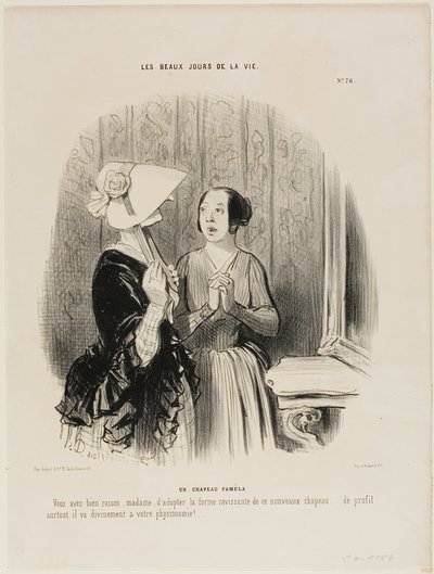 Pamela-hatten. "Du gör helt rätt Madame att anta denna förtjusande form av en ny hatt...... särskilt från sidan matchar den vackert din fysionomi.....!,"plansch 76 från Les Beaux Jours De La Vie av Honoré Victorin Daumier