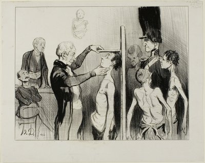 Rekryteringsnämnden. "Är det inte en härlig syn: dessa ädla unga fransmän fulla av glöd, styrka och elegans redo att försvara sin ära under Mars flaggor", plansch 35 från Caricatures Du Jour av Honoré Victorin Daumier