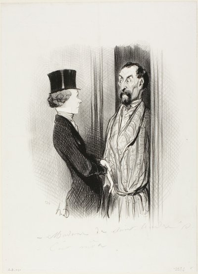 Rendez-Vous. "- Madame Eudoxie Blancminet - Det är jag, Monsieur... vad kan jag göra för dig", plansch 44 från Les Beaux Jours De La Vie av Honoré Victorin Daumier