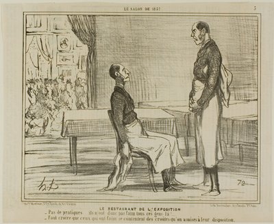 Restaurangen på utställningen. "- Inga kunder alls ... är inte dessa människor hungriga - Jag antar att de hungriga äter de snacks som de erbjöds", plansch 3 från Le Salon De 1857 av Honoré Victorin Daumier