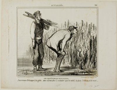 En vinodlares bekymmer. "- Vi slapp frosten..... allt vi nu behöver oroa oss för är solen, regnet, vinmjöldaggen och allt det andra...", plansch 397 från Actualités av Honoré Victorin Daumier
